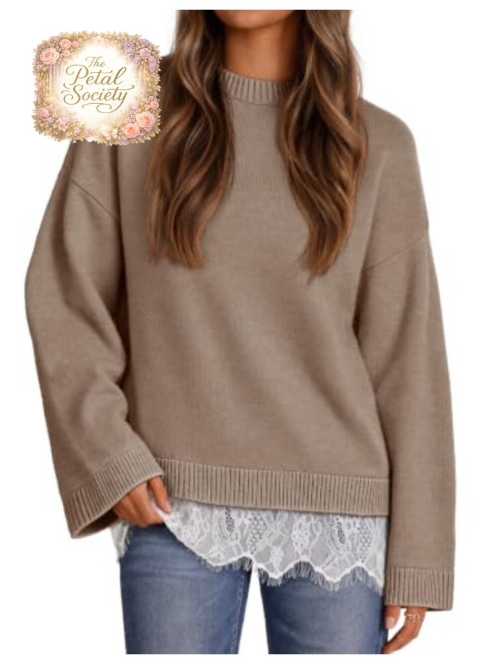 Oversized Lace Sweater Pullover Crew Neck Long Sleeve Knit